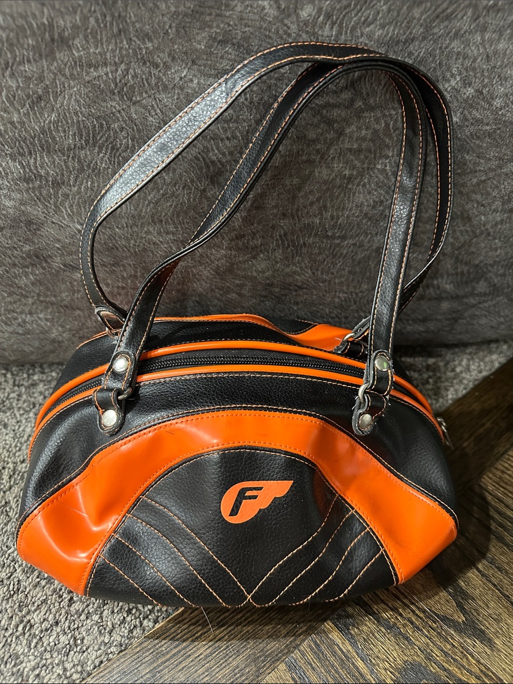 Black and Orange Faux Leather Shoulder Bag with Logo Accent